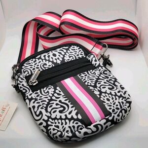 NWT Top It Off Neoprene Crossbody Mini Bag Pink Black White Damask Stripe Sporty